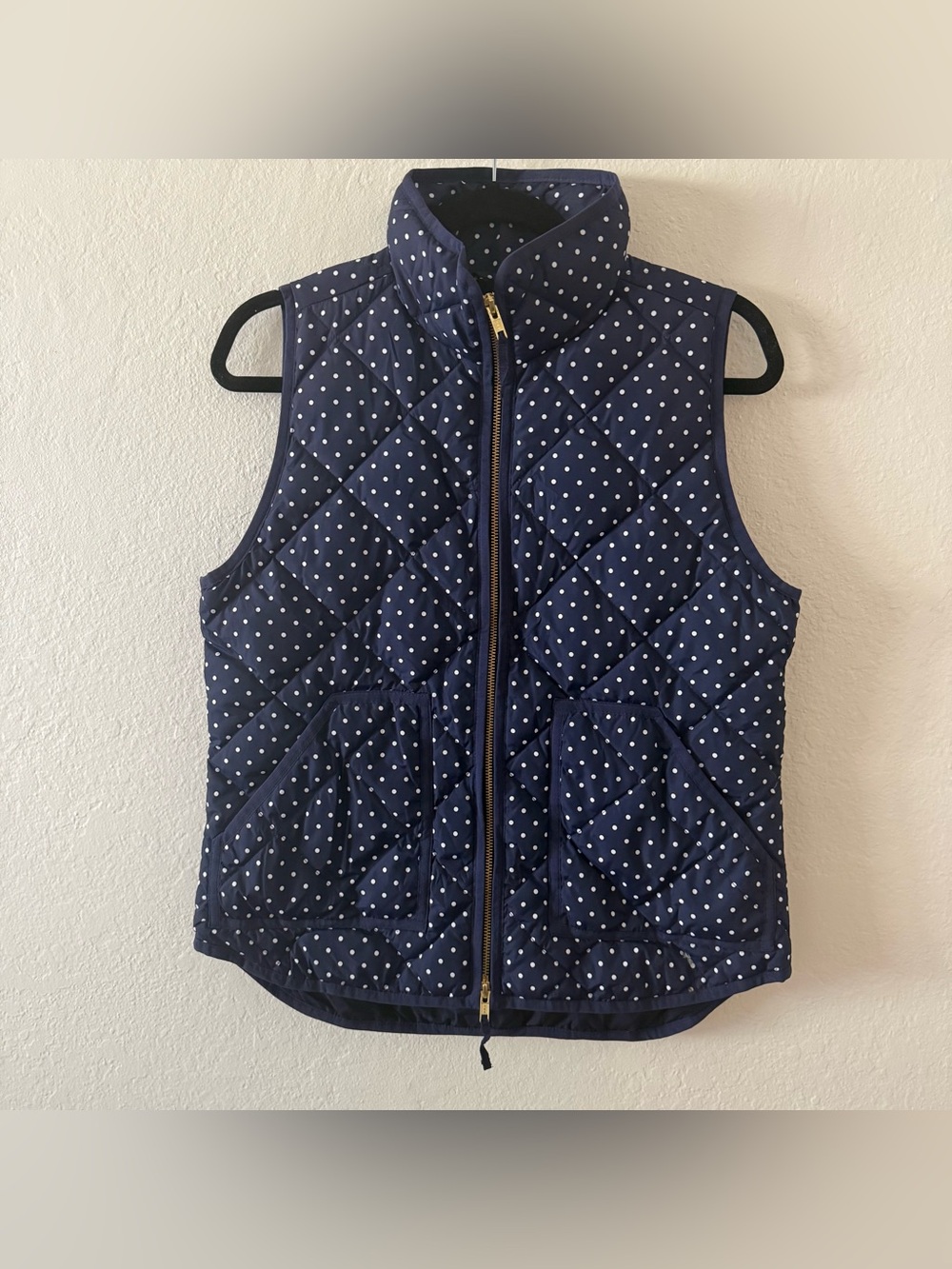 J. Crew Women’s Navy Quilted Polka Dot Vest Double Gold Zipper Size Small